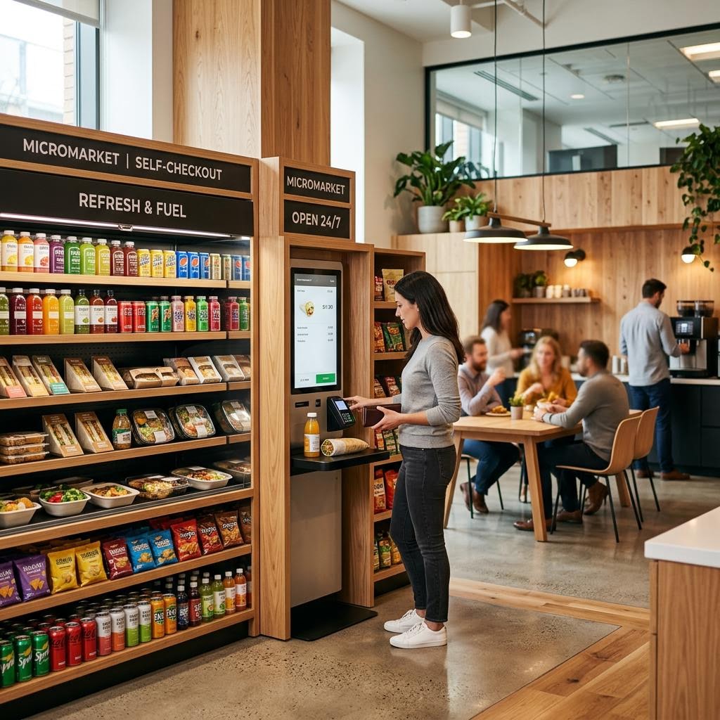 Modern Houston office breakroom with healthy vending options