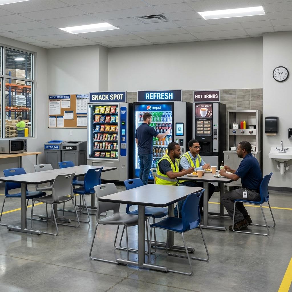 Houston warehouse breakroom with modern vending machines